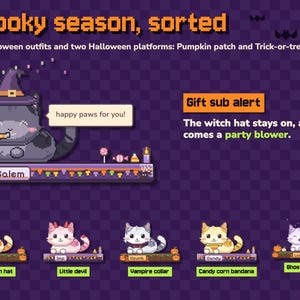 Może przedstawiać: Grafika w stylu pixel art zatytułowana Spooky season, sorted przedstawiająca sześć kot&oacute;w w kostiumach na Halloween na platformach. Tekst zawiera Gift sub alert, The witch hat stays on, and out comes a party blower oraz imiona takie jak Salem, Biscuit, Imp, Count, Dandy i Loaf.