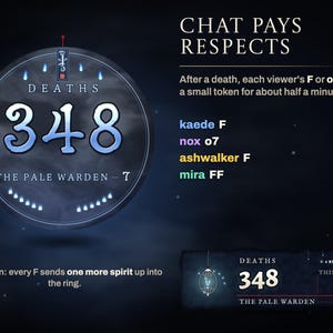 Chat pays respects: after a death, viewers type F, o7 or FF and each leaves a token, twelve blue spirits round the Talisman crest and 9 respects paid on the Thread & Lantern banner.