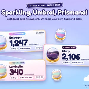 May include: A digital interface titled Three Hunts, Three Orbs, Sparkling, Umbral, Prismana! featuring three rectangular panels displaying game statistics for Emberpup, Glacy, and Luminelle, each accompanied by a crystal orb icon and encounter counts.