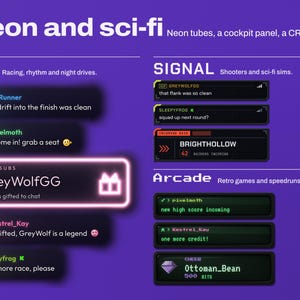 Chorus animated chat widget in three neon and sci-fi templates on a violet background: Halo, glowing neon tube messages with a pink gift subs alert, shown large; Signal, a dark cockpit panel with a red incoming raid alert; and Arcade, a green CRT terminal with a pixel gem cheer alert.