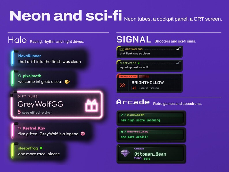 Chorus animated chat widget in three neon and sci-fi templates on a violet background: Halo, glowing neon tube messages with a pink gift subs alert, shown large; Signal, a dark cockpit panel with a red incoming raid alert; and Arcade, a green CRT terminal with a pixel gem cheer alert.