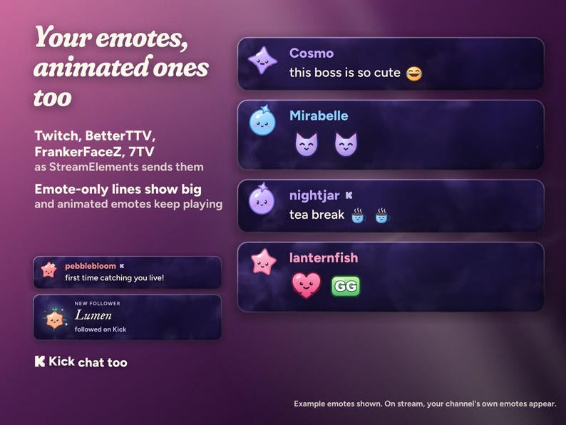 Moonglass shows emotes inline and big when a message is only emotes, animated ones included, plus a Kick chatter's emotes, and Kick chat with a Kick follow in the same box. Example emotes shown.