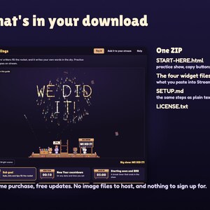 The Launchlings download: START-HERE.html with a practice show, copy buttons and help, the four widget files, SETUP.md and LICENSE.txt; one-time purchase, free updates, no image files to host.