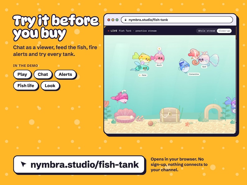Fish Tank live demo at nymbra.studio/fish-tank, the aquarium of viewer fish on a practice stream