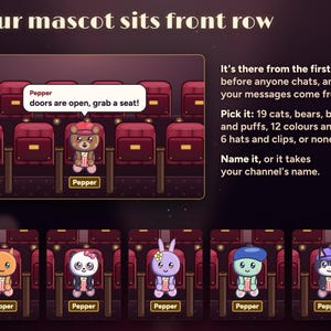 Your own Seatlings mascot sits front row from the first frame: Pepper the brown bear in a red cap says doors are open, grab a seat!, plus five other looks from 19 cats, bears, bunnies and puffs, 12 colours and 6 hats and clips, or none.