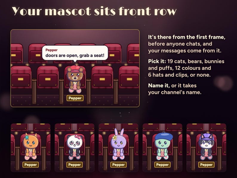Your own Seatlings mascot sits front row from the first frame: Pepper the brown bear in a red cap says doors are open, grab a seat!, plus five other looks from 19 cats, bears, bunnies and puffs, 12 colours and 6 hats and clips, or none.