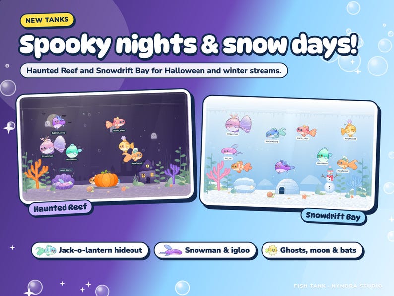 The Haunted Reef tank with a jack-o-lantern and haunted house, and the Snowdrift Bay tank with a snowman and igloo.