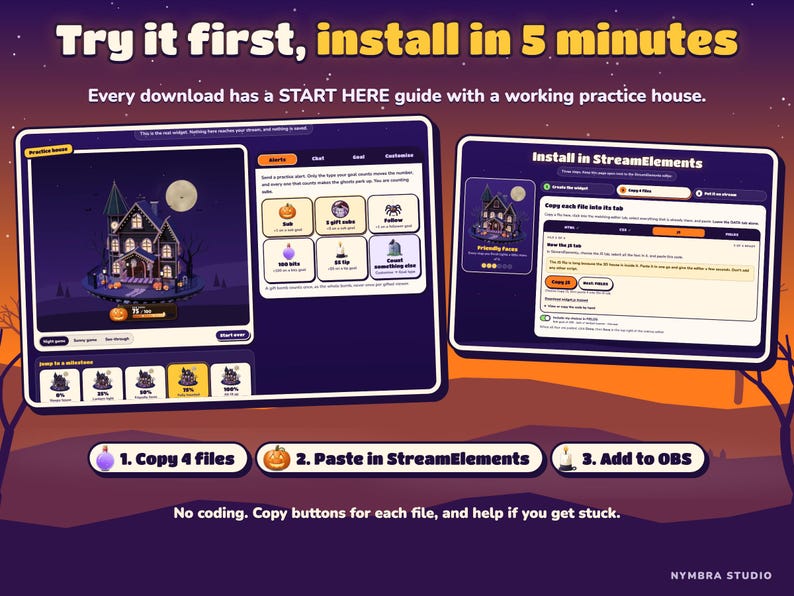 The included START HERE guide with a practice house and three setup steps.