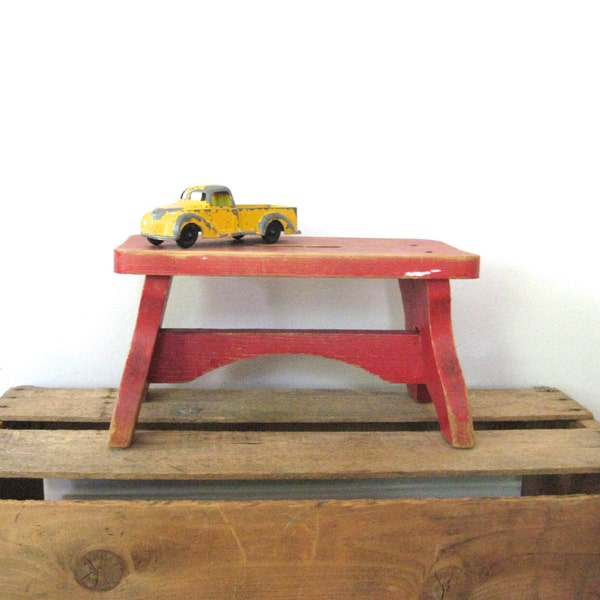 vintage wooden stool - child's step stool / bench - handmade - red - rustic - farmhouse decor - furniture - home decor