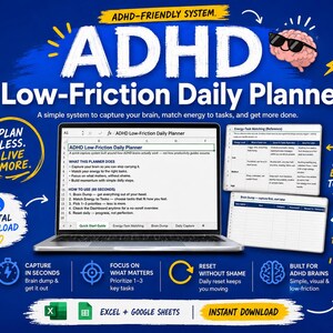 Può includere: Un pianificatore giornaliero digitale ADHD Low-Friction visualizzato su uno schermo di un computer portatile, con un'interfaccia a foglio di calcolo che include schede per avvio rapido, abbinamento energia-attività e monitoraggio.