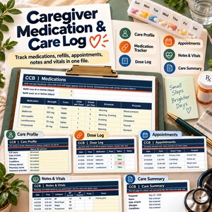 Peut inclure: Un ensemble de suivi de médicaments et de soins pour aidant, comprenant des formulaires imprimés pour noter les traitements, rendez-vous, notes et signes vitaux. L'ensemble inclut un presse-papier, un pilulier hebdomadaire et un stylo.