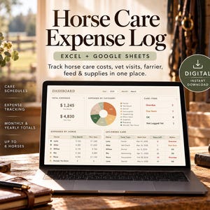 Puede incluir: Un registro digital de gastos para el cuidado de caballos en la pantalla de una computadora portátil, con un panel de control que muestra categorías de gastos, un gráfico circular y cronogramas. El texto dice Horse Care Expense Log.