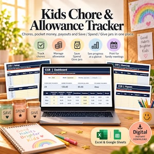 May include: A digital Kids Chore & Allowance Tracker displayed on a laptop screen, featuring spreadsheets for setup, chore logs, and payouts. Includes three jars labelled Save, Spend, and Give, plus a notebook with the text Good Habits Brighter Kids.