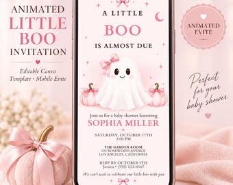 Little Boo Baby Shower Invitation Template | Cute Ghost Little Boo Is Almost Due | Halloween Baby Shower | Pink Ghost Editable Template