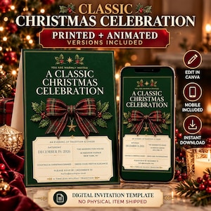 May include: A digital invitation template for a classic Christmas celebration featuring a dark green background, a red and green plaid bow, holly leaves, and gold star accents. The text includes event details for December 19, 2026.