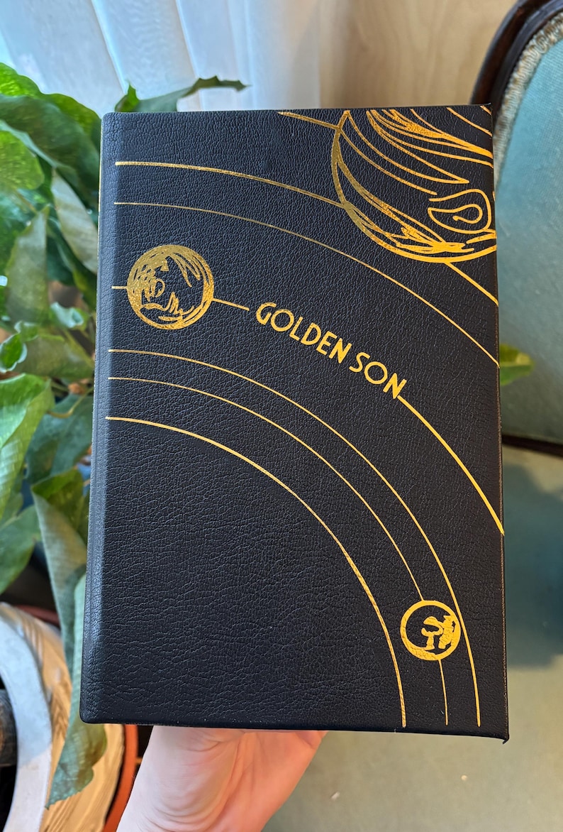 May include: A black book with gold foil accents and the title "GOLDEN SON." The cover features gold lines and circular designs. The book has a textured appearance and is likely a novel or journal.