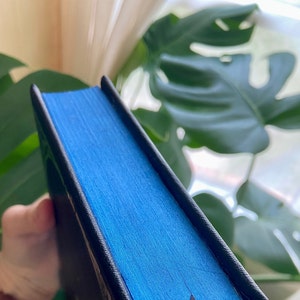 May include: Close-up of the spine of a hardcover book with a black leather cover and a bright blue textured fabric.