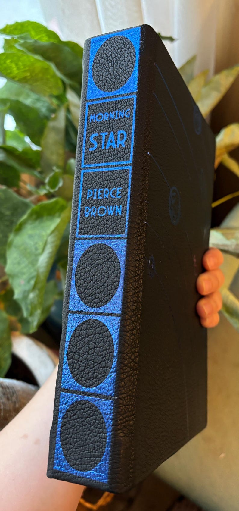 May include: A hardcover book titled "Morning Star" by Pierce Brown. The spine is black with blue accents and text. The blue design includes circles and rectangular text boxes. The book is held in a person's hand.