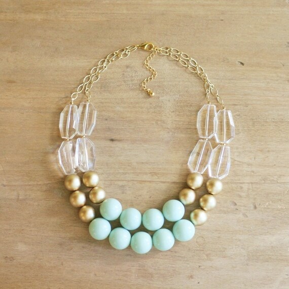 Items similar to Gold and Mint Statement Necklace, Chunky Beaded Mint