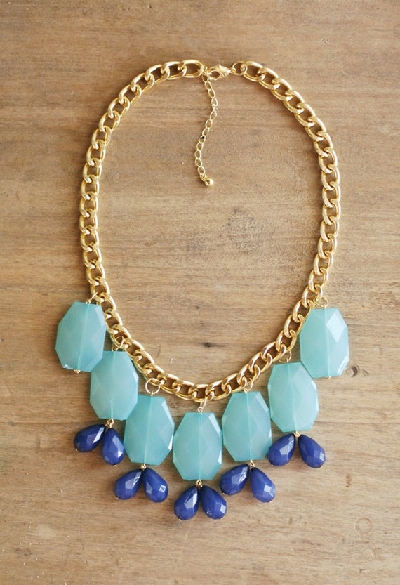 Items similar to Turquoise and Navy Statement Necklace on Chunky Gold ...