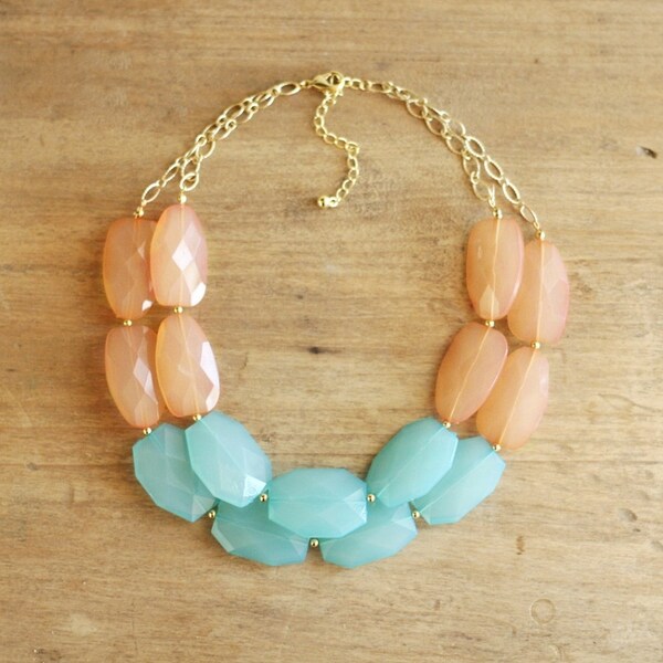 CLEARANCE - LAST ONE- Turquoise and Peach Coral Statement Necklace, Double Strand, Colorblock Bib Necklace, Colorful Beaded Necklace