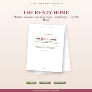 Peut inclure: Un document blanc intitulé The Ready Home: A Family's Complete Guide to Surviving — and Thriving — For One Month. Le texte comprend des sections sur la préparation, le stockage de garde-manger et d'eau, 45 recettes familiales, des fournitures ménagères, les premiers secours et des listes de contrôle imprimables pour une famille de six personnes.