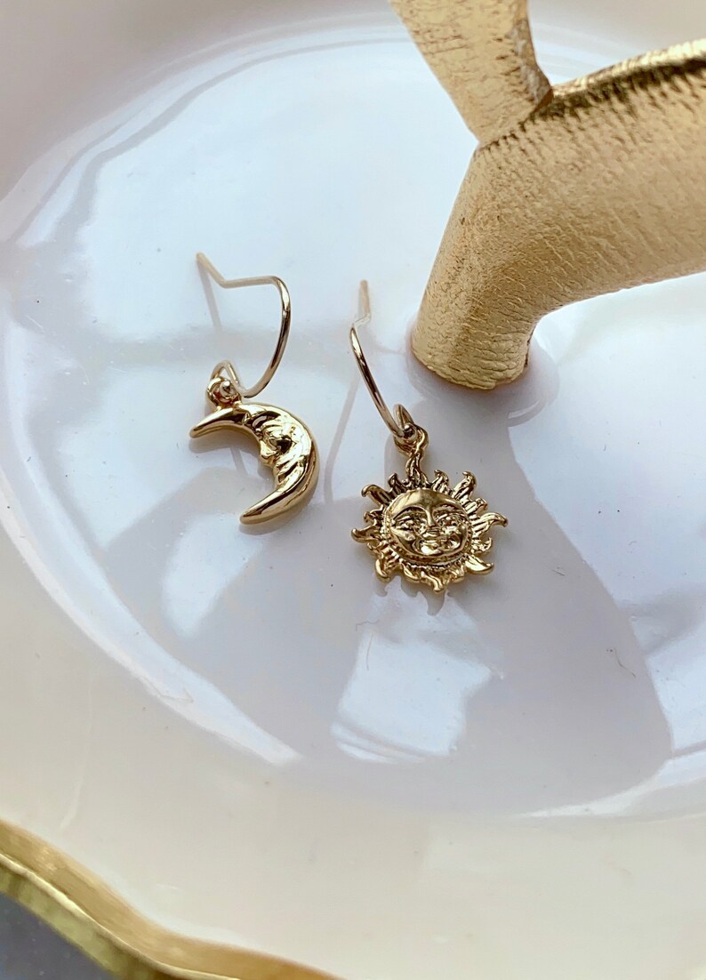 Mismatched Earrings Dainty Sun and Moon Earrings Small Gold - Etsy