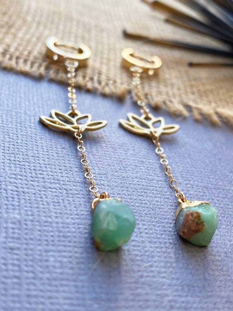 Long Gold Lotus flower Earrings Long Green Amazonite gemstone | Etsy