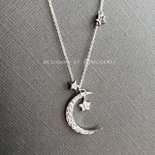 Silver Crescent Moon And Star Necklace, 925 Star Necklace, Silver Star, I Love You Necklace, Graduation Gift, Gift For Daughter, Muse411 main image 2