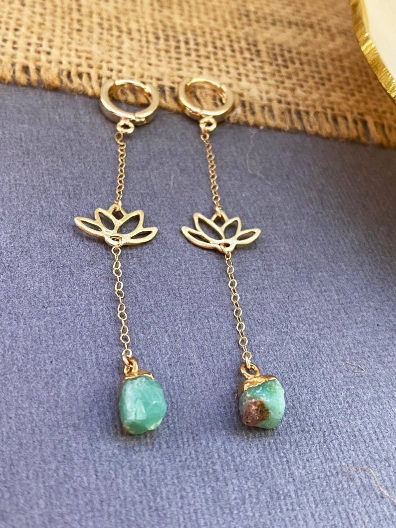 Long Gold Lotus flower Earrings Long Green Amazonite gemstone | Etsy