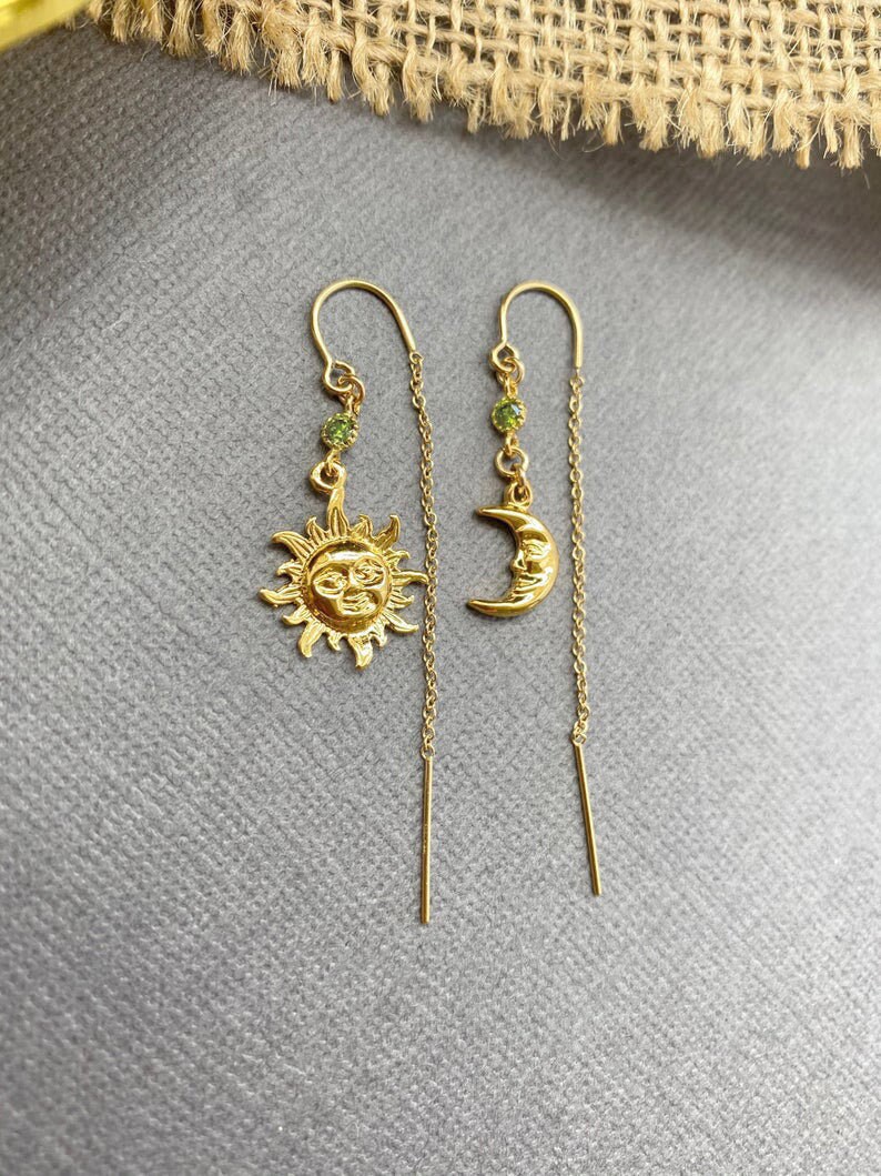 Sun and Moon Mismatched Earrings Gold Moon Threader Earrings Etsy