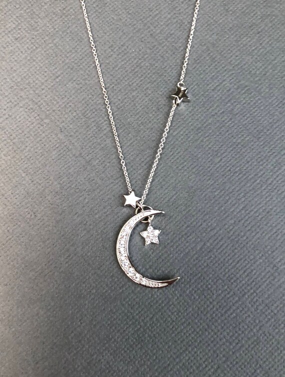 925 Silver Crescent Moon And Star Necklace Image 0