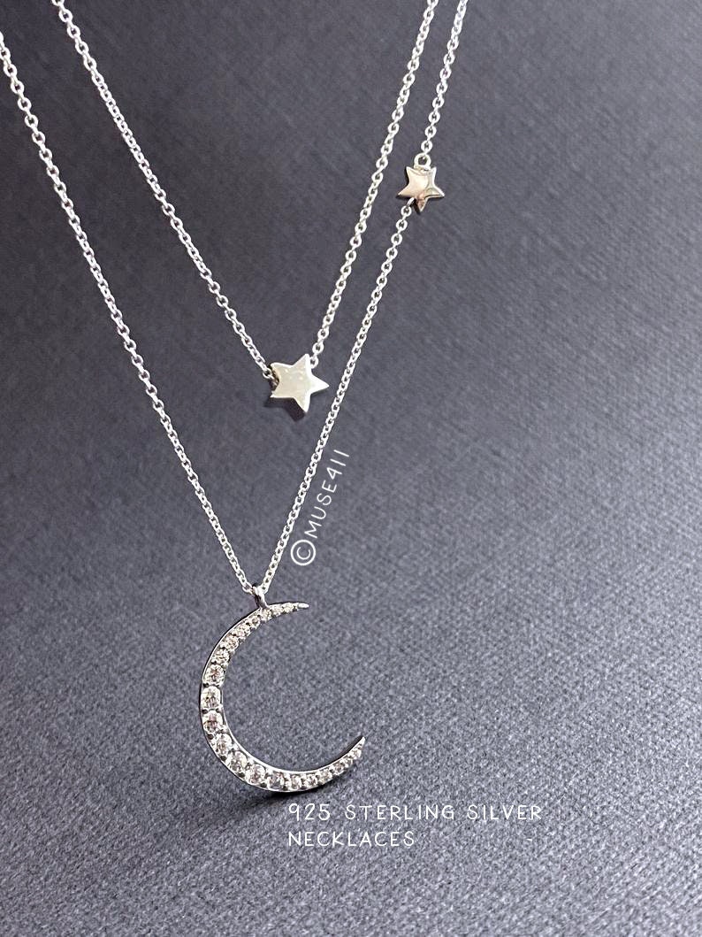 925 Silver Crescent Moon and Star Necklace Silver Moon and - Etsy