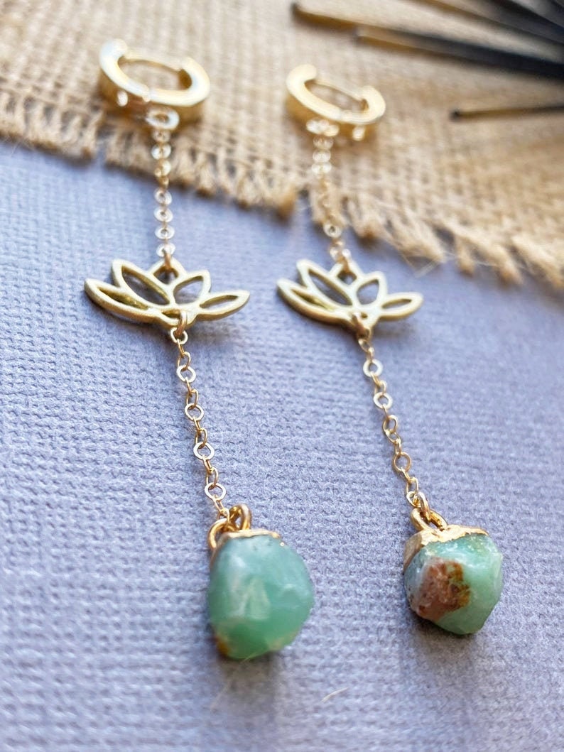 Long Gold Lotus flower Earrings Long Green Amazonite gemstone | Etsy