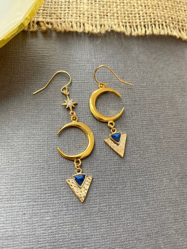 Gold Crescent Moon and Star Earrings Asymmetrical Earrings Etsy