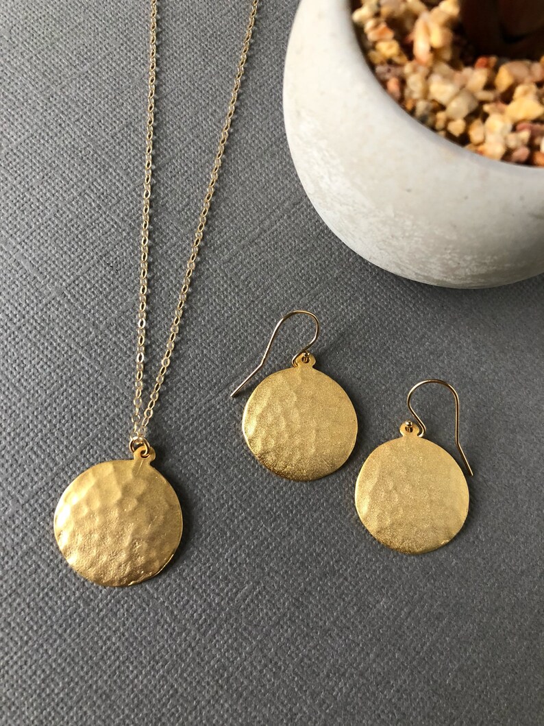 Gold hammered disc necklace Long Gold necklace Circle charm Etsy