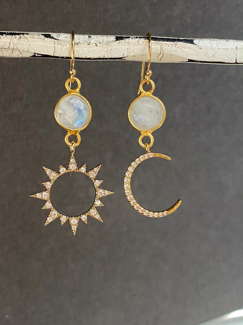 Mismatched Sun and Moon Earrings Dainty Drop Dangling Etsy