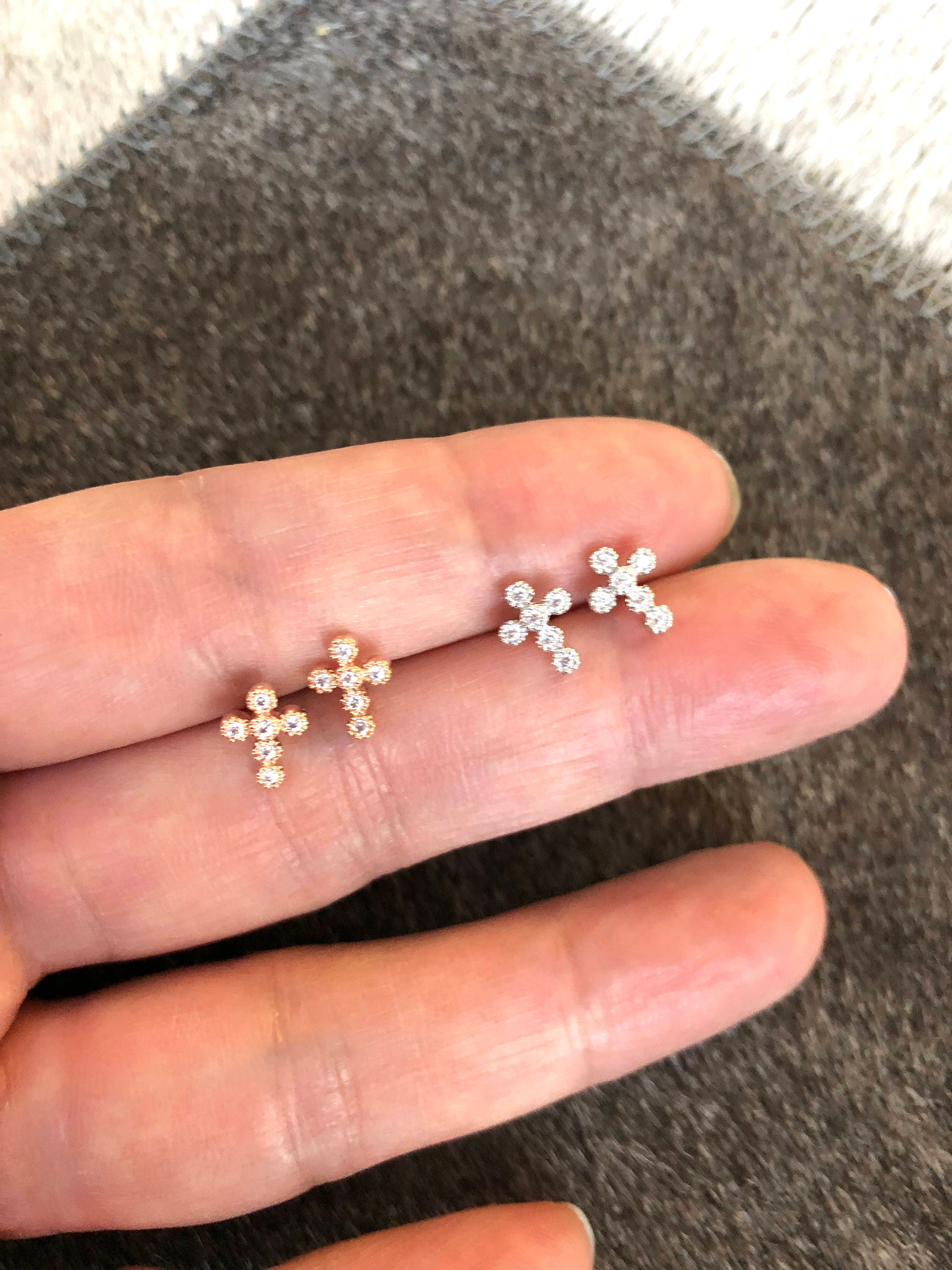 Dainty CZ Cross Earrings Cross Stud earrings Rose gold Etsy