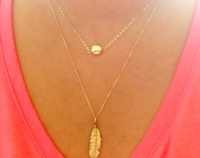 Double Layer Necklace Gold Feather Necklace Long Necklace Etsy