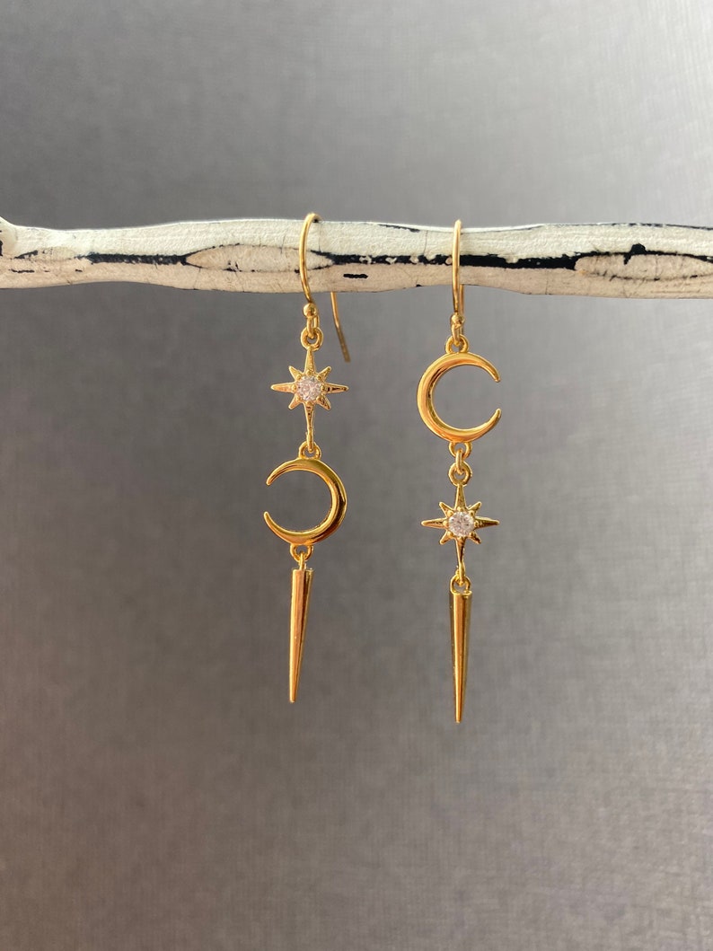 Dainty Gold Moon and Star Earrings Spike Dangling Earrings - Etsy