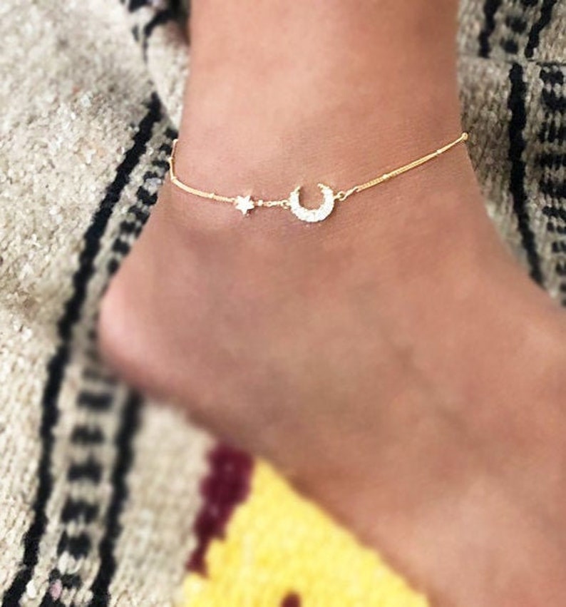 Dainty Crescent Moon Anklet Moon and star Anklet 18K Gold Etsy