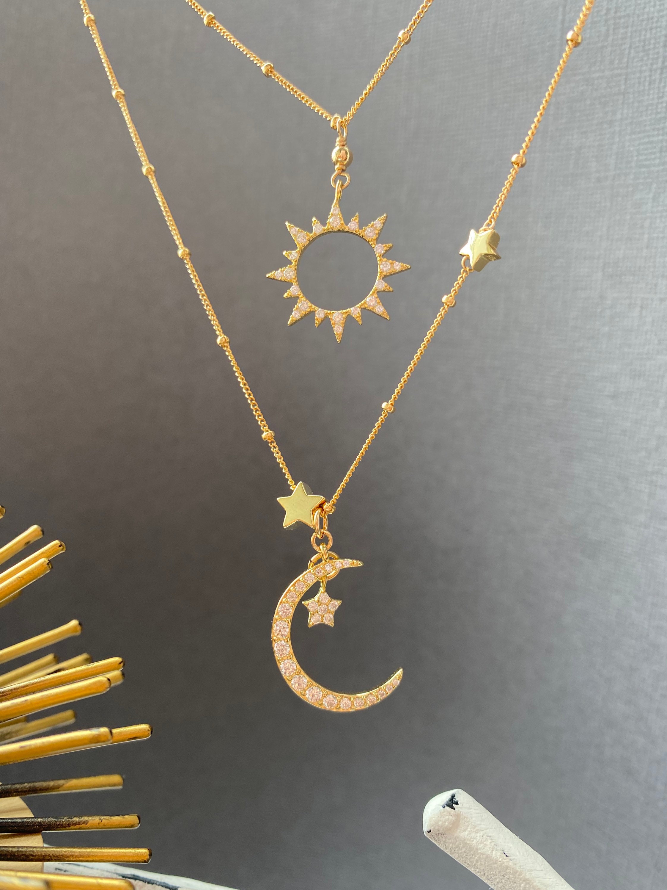 Gold Moon and stars necklace Sun and Moon Necklace Celestial | Etsy