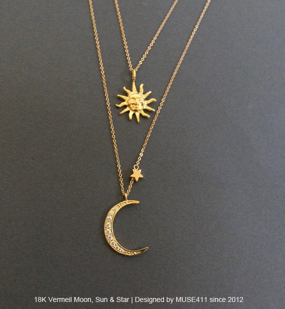 Celestial Sun Moon Necklace 18k Vermeil And Star - Sun And Moon Pendants Celestial Sun Moon Necklace 18k Vermeil And Star - Sun And Moon Pendants