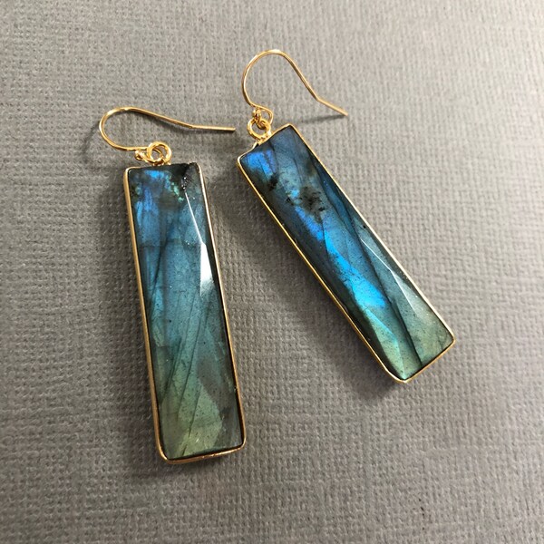 Labradorite Gemstone Bar Earrings, Labradorite Earrings Gold, Natural Gemstone Drop Earrings, Statement Earrings, Unique boho Gemstone Gift