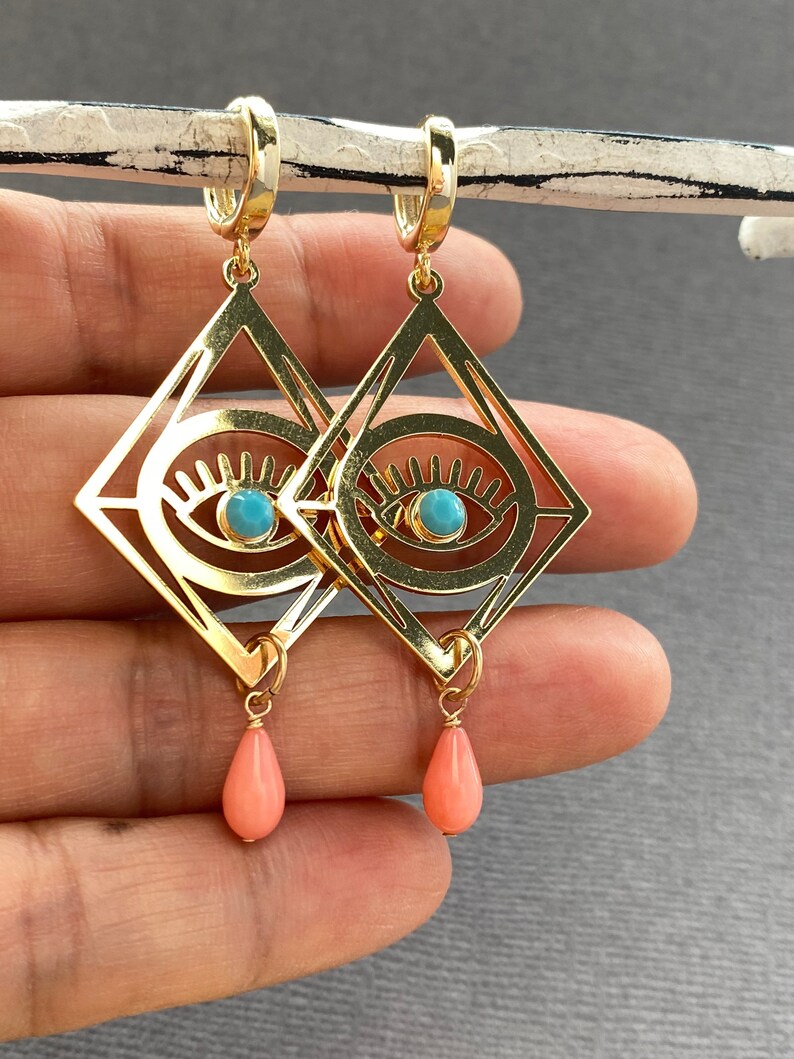 Evil eye pendant earrings turquoise evil eye earrings Coral Etsy