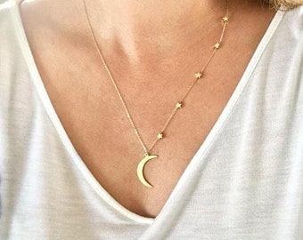 Moon and Stars necklace, crescent,I love you to the moon and back necklace, mother children jewelry, gift for mom, mother daughter necklace,
