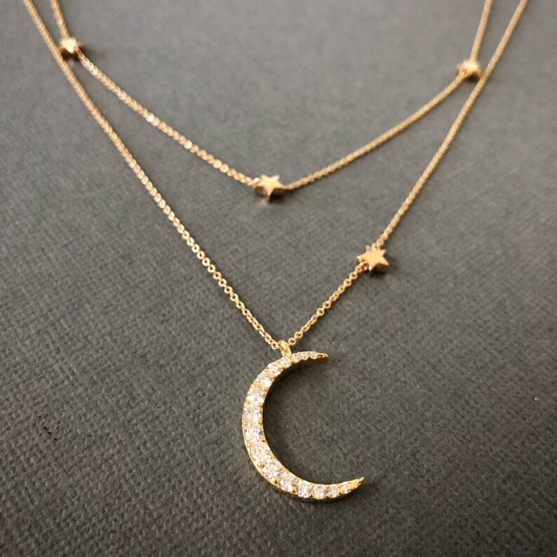 Crescent Moon and Star Necklace Half Moon Necklace Double Etsy