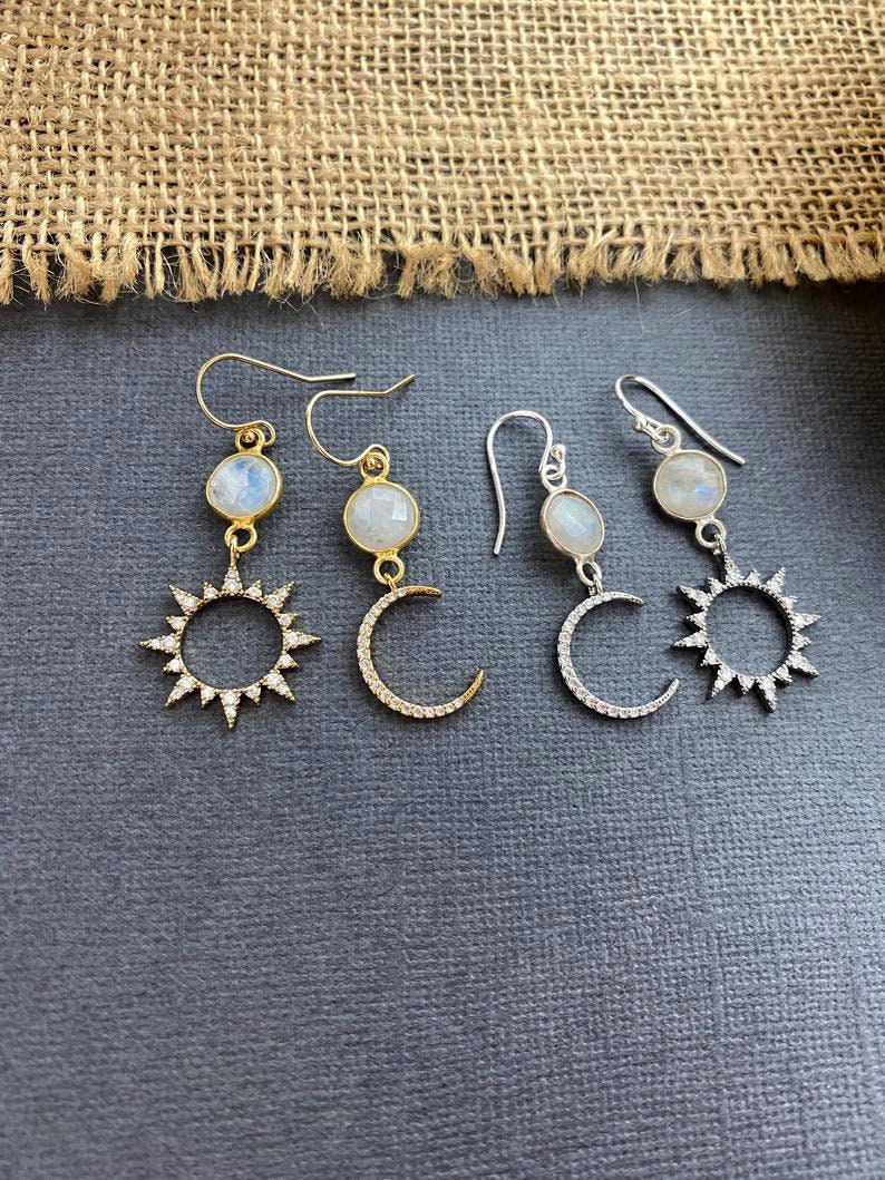 Mismatched Sun and Moon Earrings Dainty Drop Dangling Etsy