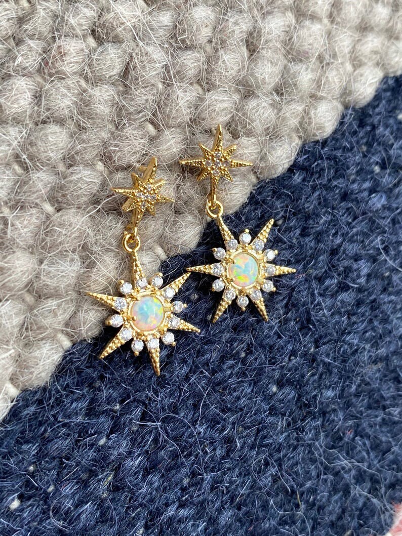 Opal Star stud earrings Dainty Gold dangling Opal earrings | Etsy