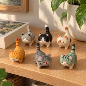 Puede incluir: Seis pequeñas figuras de gatos talladas a mano en madera con diversos colores y patrones, incluyendo naranja atigrado, gris, blanco y negro, calicó, gris rayado y verde rayado, cada una con una cola puntiaguda y expresión facial sonriente.